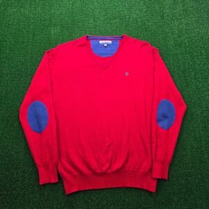 El Ganso Sweater Mens 2XL Red V-Neck Knit Pullover Blue Elbow Patches Preppy